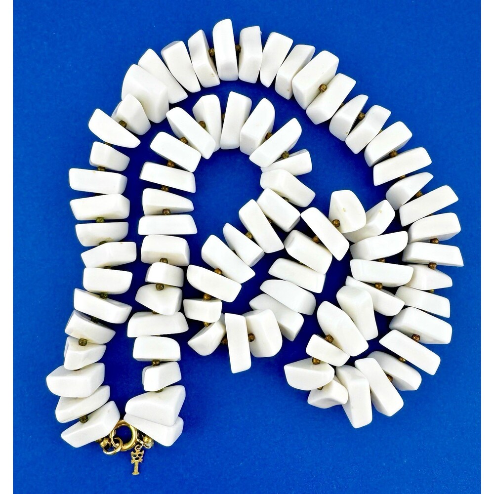 Vintage Crown Trifari White Lucite  Necklace MCM Statement Long Geometric 23"